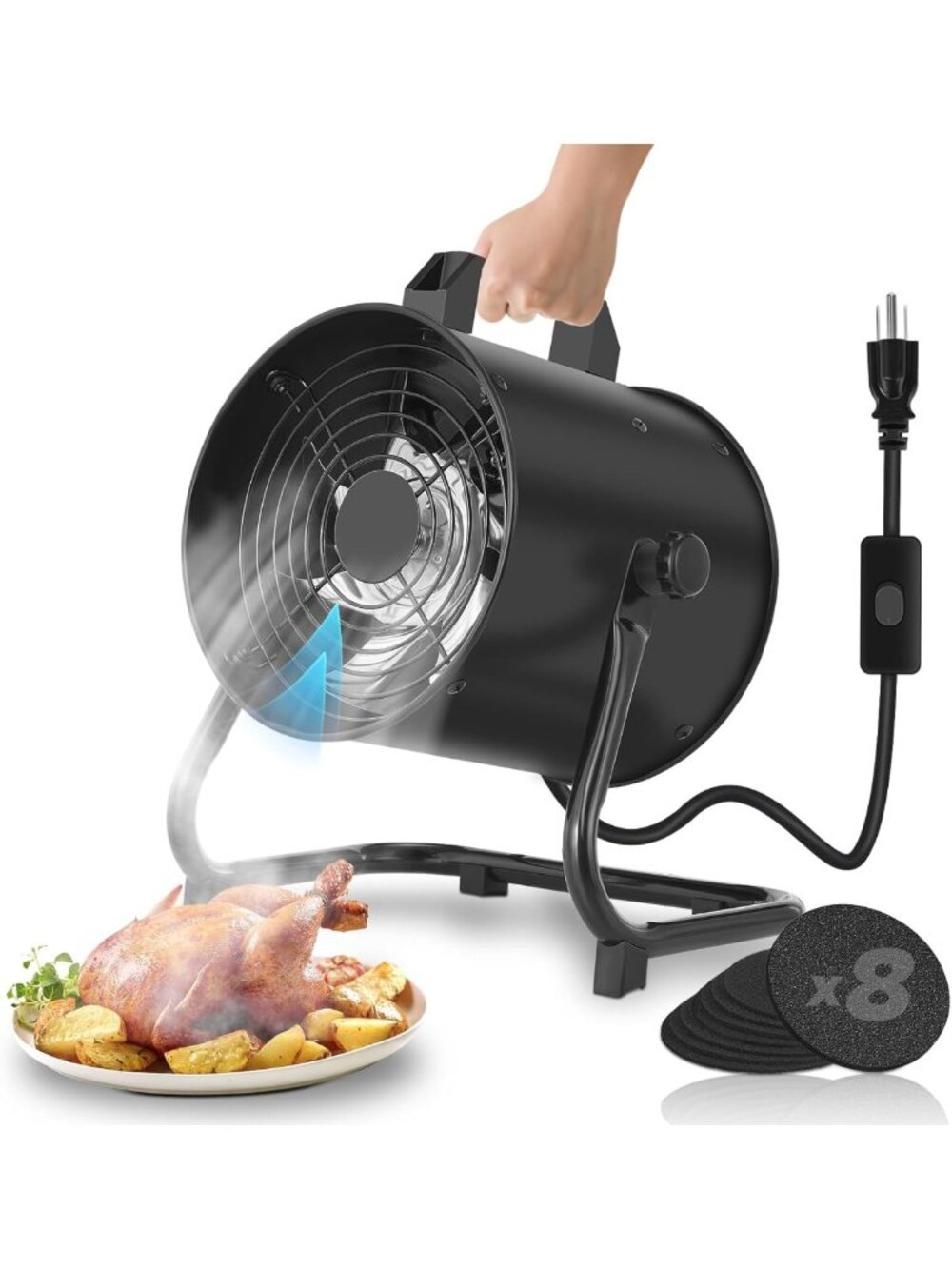 8'' Portable Kitchen Exhaust Fan - 455 CFM Ventilation, Adjustable Angle, Carbon